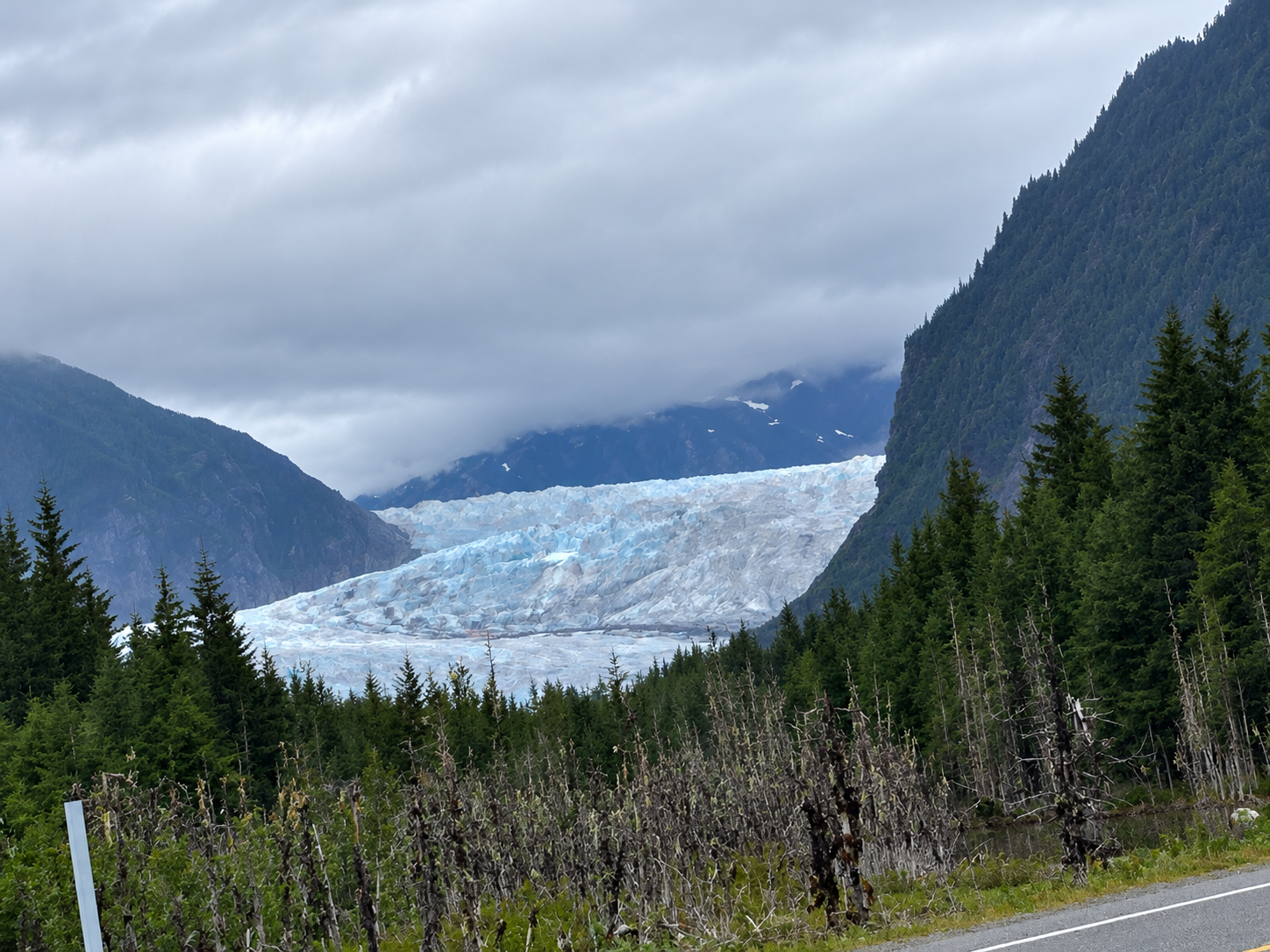 A view of Mendenhall Glacier during our walk from the Capital Transit bus stop toward the visitor area in Juneau, Alaska.